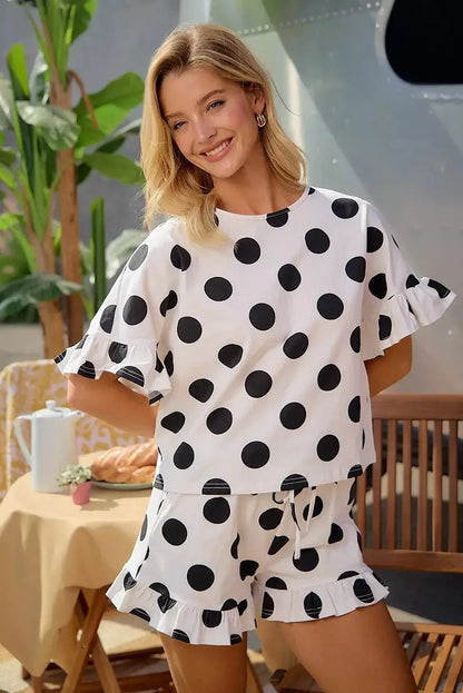 BiBi Polka Dots Printed Ruffled Detail Top And Shorts Set by Trendsi