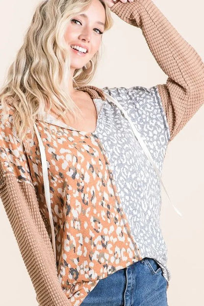 BiBi Popcorn Waffle Knit Hoodie with Print Block Front - Bitsy Gypsy Boutique