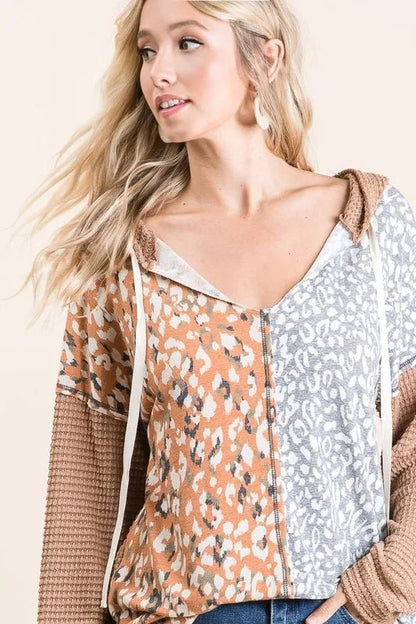 BiBi Popcorn Waffle Knit Hoodie with Print Block Front - Bitsy Gypsy Boutique