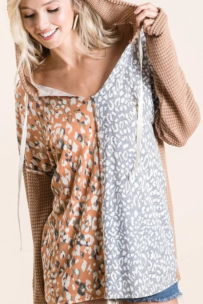 BiBi Popcorn Waffle Knit Hoodie with Print Block Front - Bitsy Gypsy Boutique