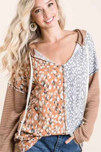 BiBi Popcorn Waffle Knit Hoodie with Print Block Front - Bitsy Gypsy Boutique