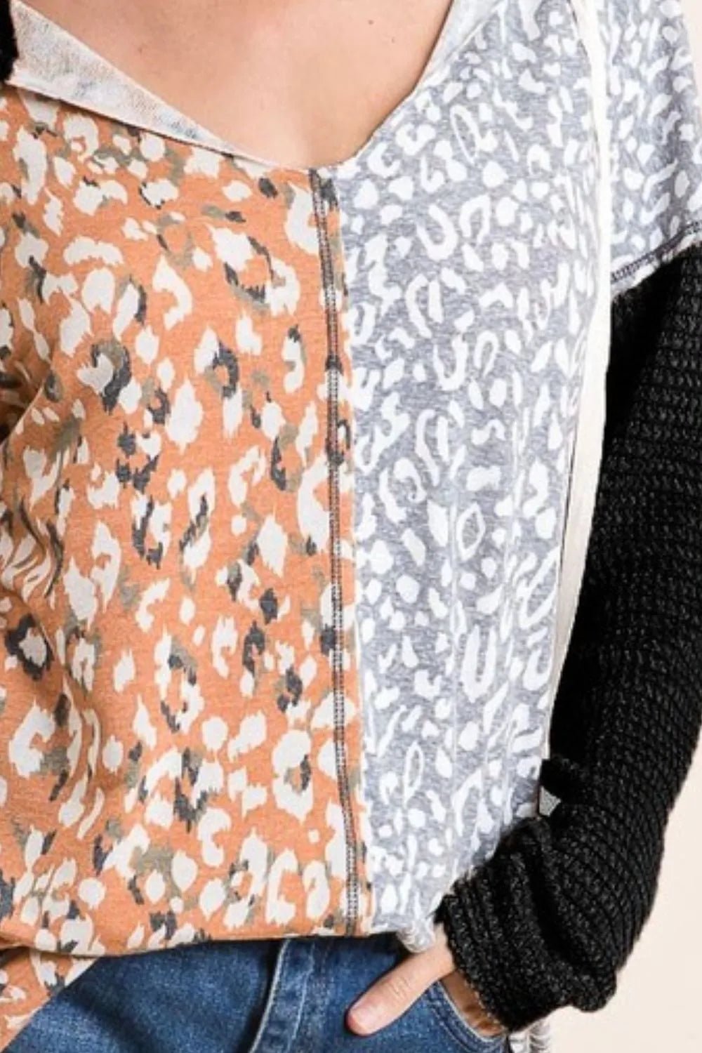 BiBi Popcorn Waffle Knit Hoodie with Print Block Front - Bitsy Gypsy Boutique