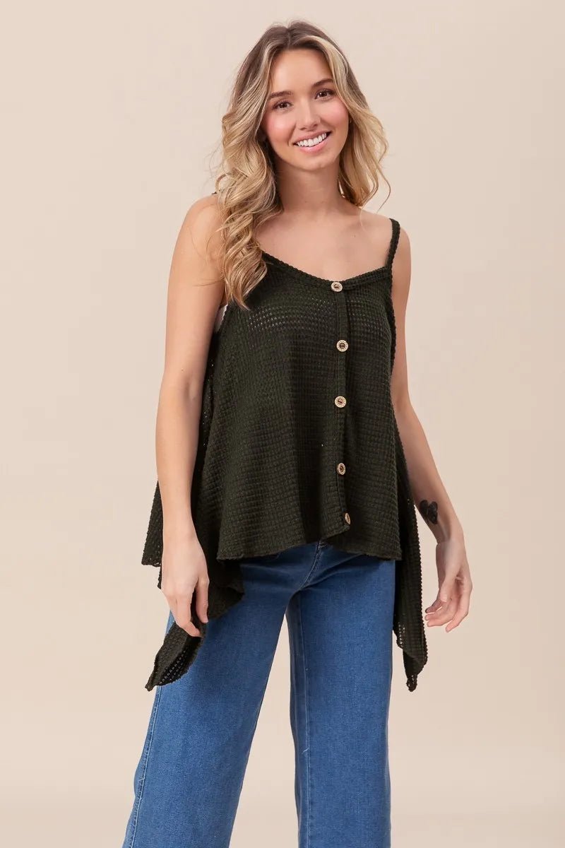 BiBi Popcorn Waffle Knit with Buttoned Front Cami Top - Bitsy Gypsy Boutique