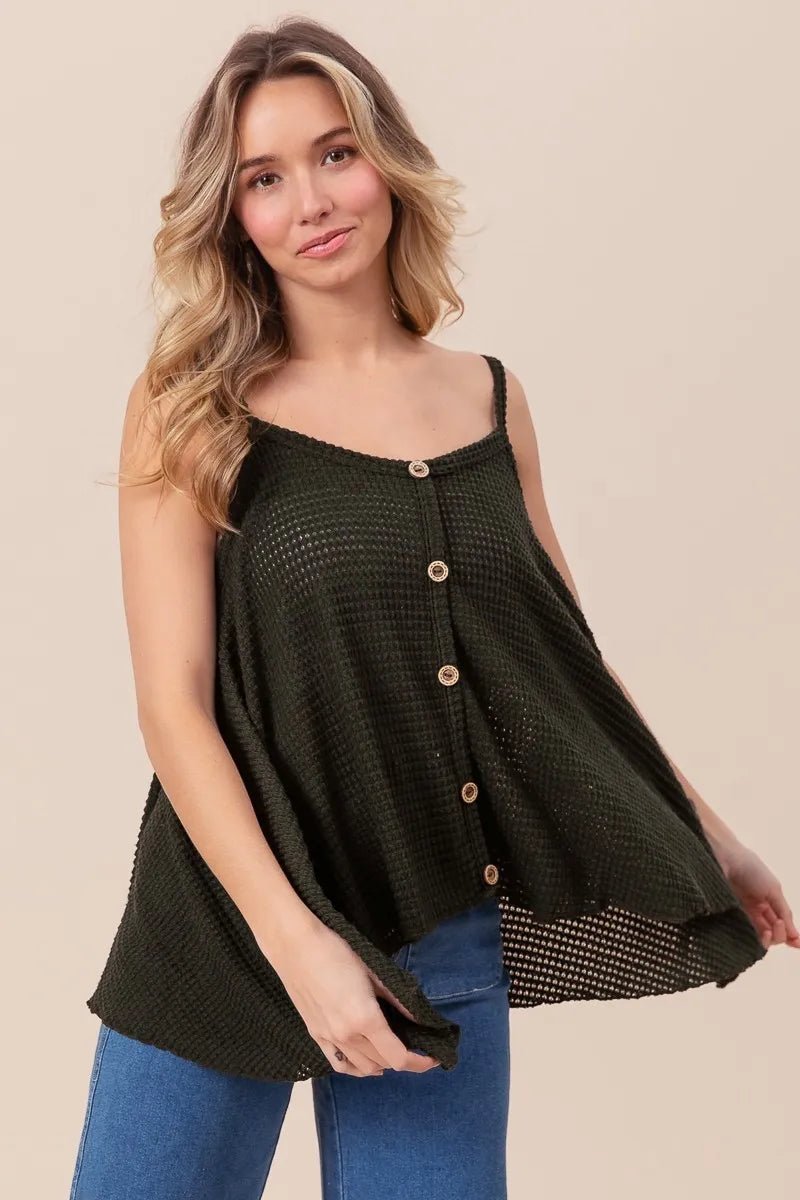 BiBi Popcorn Waffle Knit with Buttoned Front Cami Top - Bitsy Gypsy Boutique