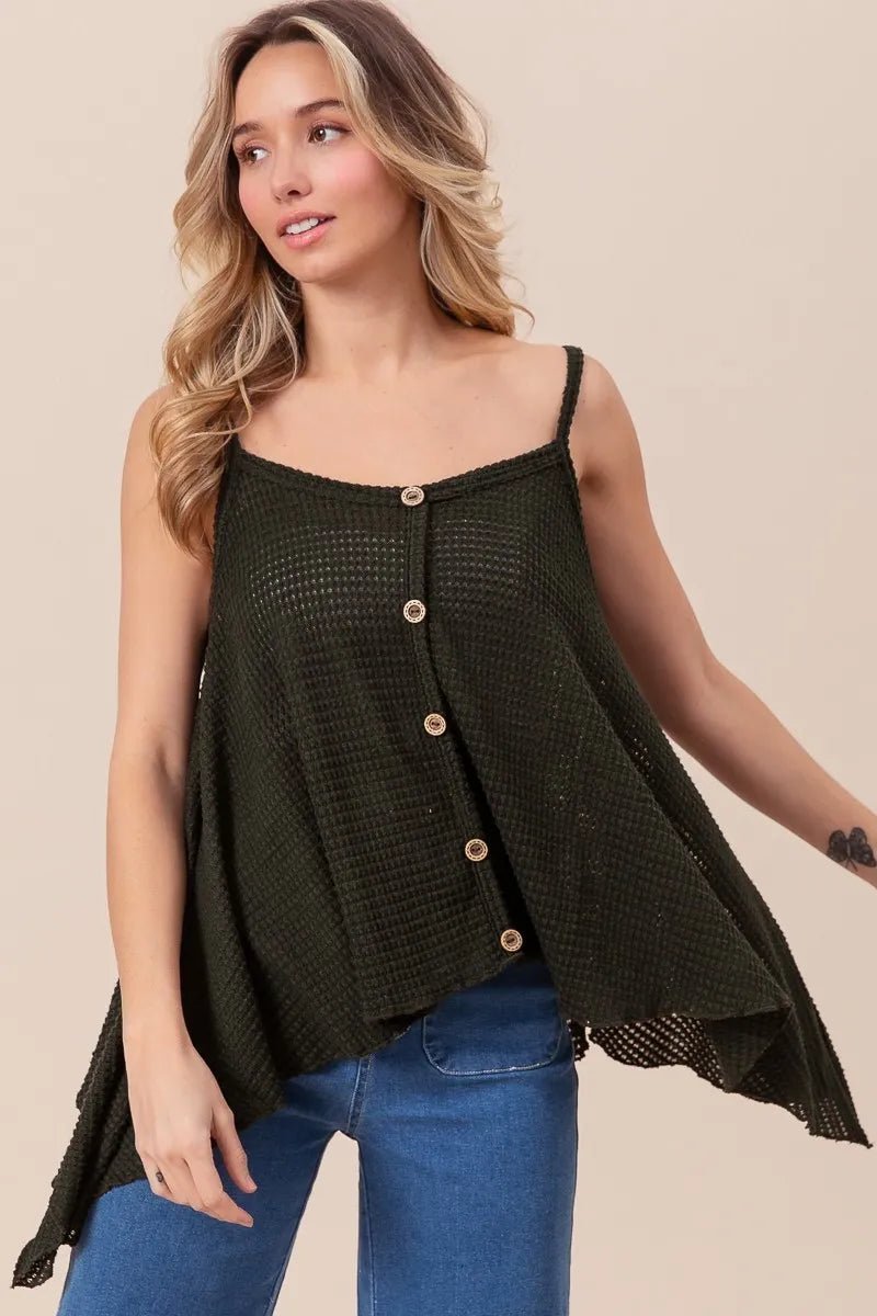 BiBi Popcorn Waffle Knit with Buttoned Front Cami Top - Bitsy Gypsy Boutique