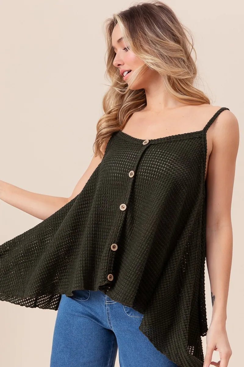 BiBi Popcorn Waffle Knit with Buttoned Front Cami Top - Bitsy Gypsy Boutique