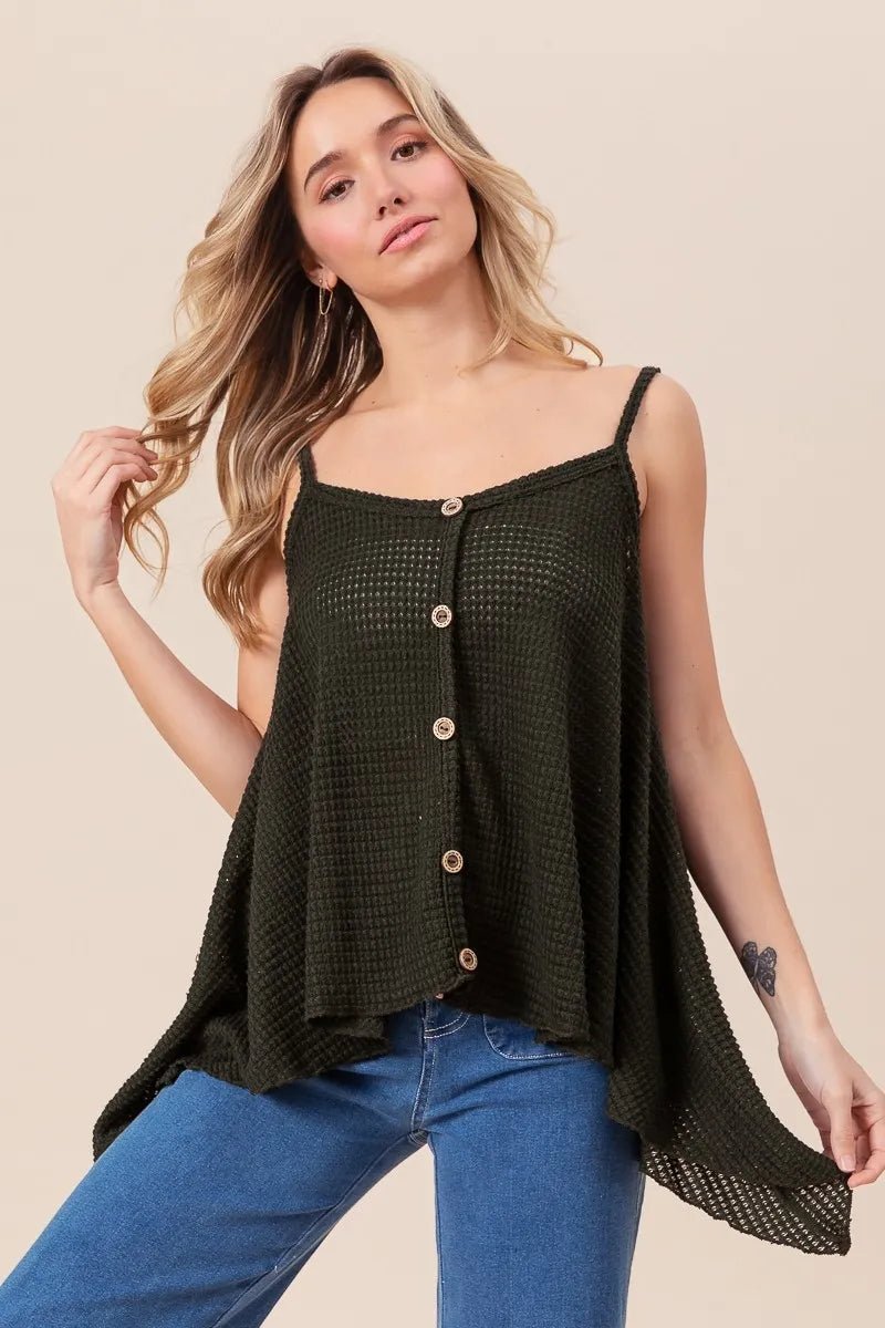 BiBi Popcorn Waffle Knit with Buttoned Front Cami Top - Bitsy Gypsy Boutique