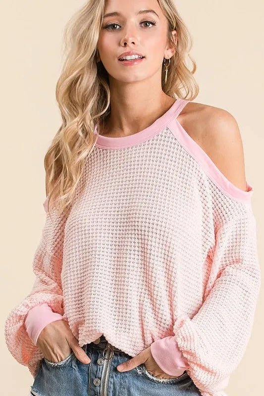 BiBi Popcorn Waffle Top with Cold Shoulder Detail - Bitsy Gypsy Boutique