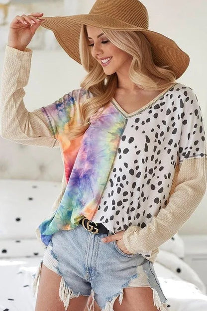 BiBi Print Block V Neck Top with Contrast Stitching - Bitsy Gypsy Boutique