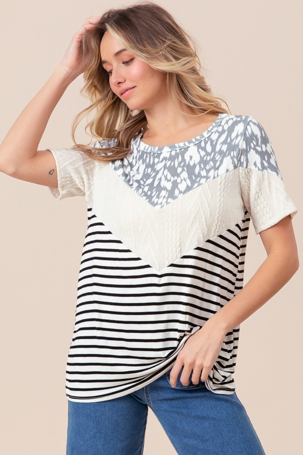 BiBi Printed Color Block Short Sleeve T-Shirt - Bitsy Gypsy Boutique