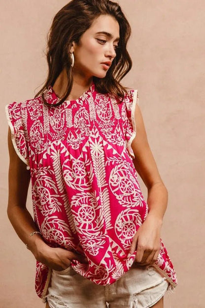 BiBi Printed Ruffle Sleeve Top - Bitsy Gypsy Boutique