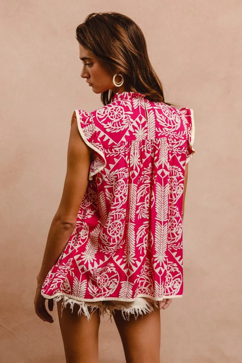 BiBi Printed Ruffle Sleeve Top - Bitsy Gypsy Boutique