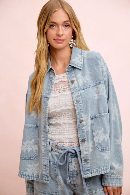 BiBi Printed Washed Denim Jacket With Pocket - Bitsy Gypsy Boutique