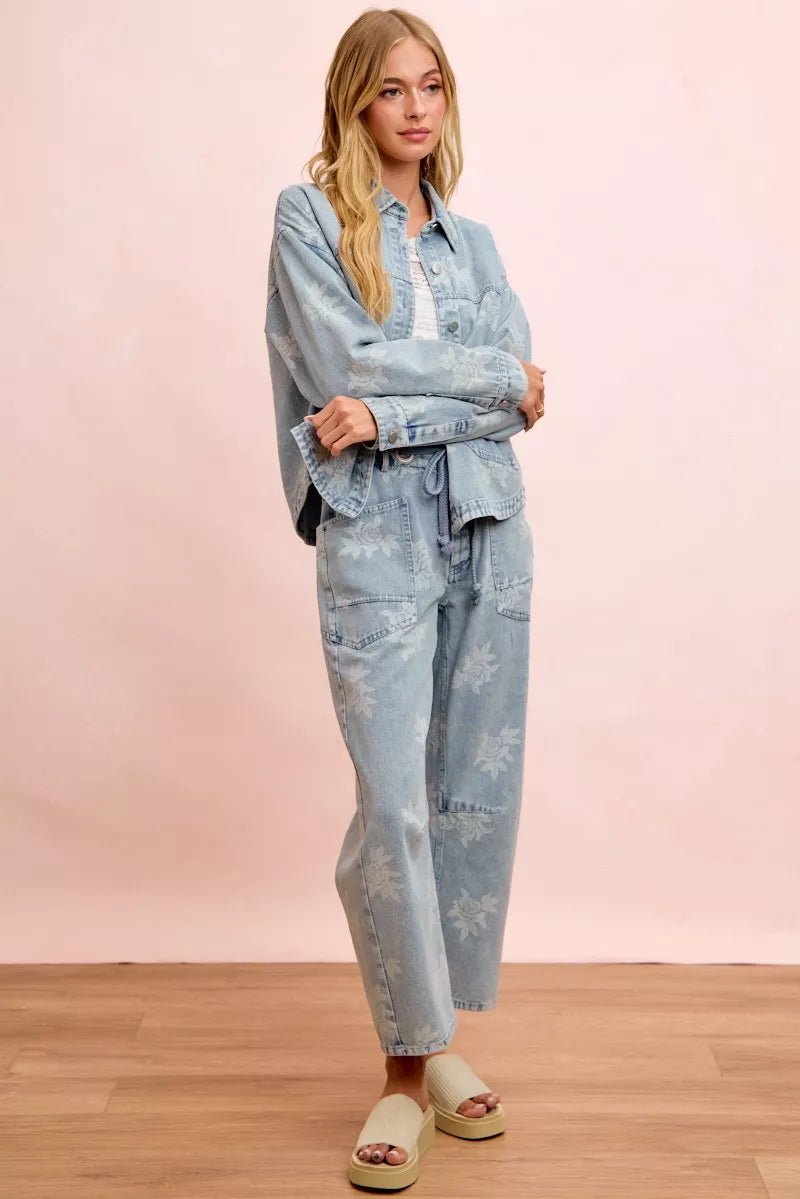 BiBi Printed Washed Denim Jacket With Pocket - Bitsy Gypsy Boutique