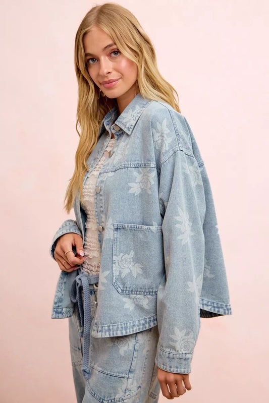 BiBi Printed Washed Denim Jacket With Pocket - Bitsy Gypsy Boutique