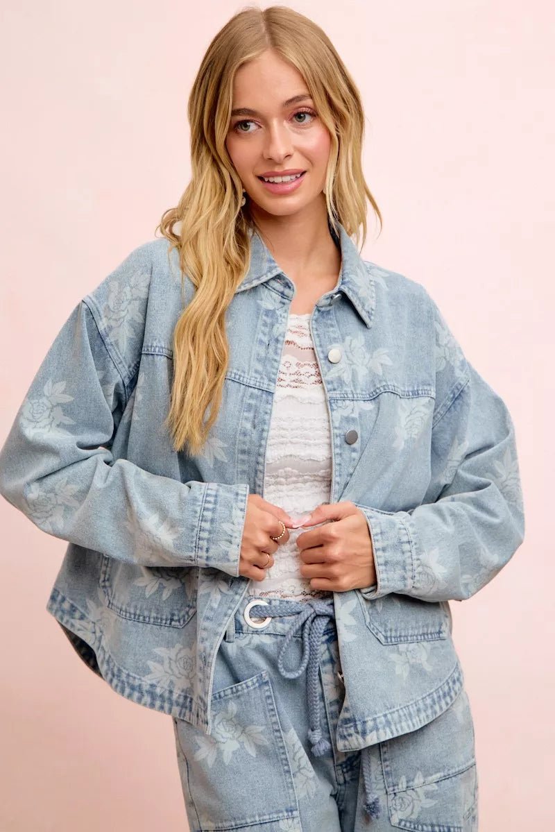 BiBi Printed Washed Denim Jacket With Pocket - Bitsy Gypsy Boutique