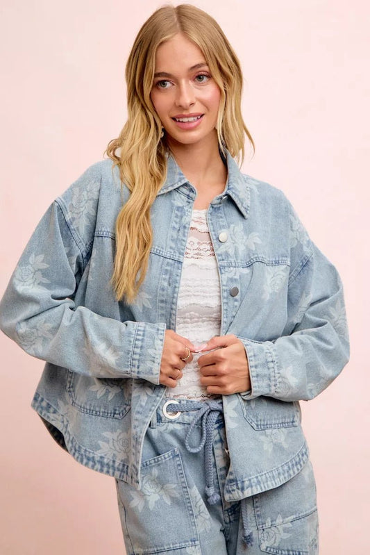 BiBi Printed Washed Denim Jacket With Pocket - Bitsy Gypsy Boutique