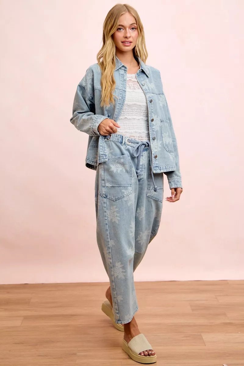 BiBi Printed Washed Denim Jacket With Pocket - Bitsy Gypsy Boutique