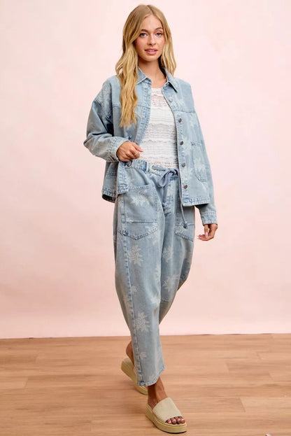 BiBi Printed Washed Denim Jacket With Pocket - Bitsy Gypsy Boutique