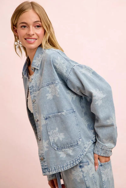 BiBi Printed Washed Denim Jacket With Pocket - Bitsy Gypsy Boutique