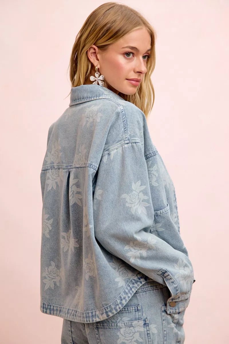 BiBi Printed Washed Denim Jacket With Pocket - Bitsy Gypsy Boutique
