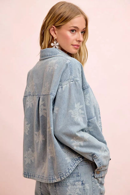 BiBi Printed Washed Denim Jacket With Pocket - Bitsy Gypsy Boutique
