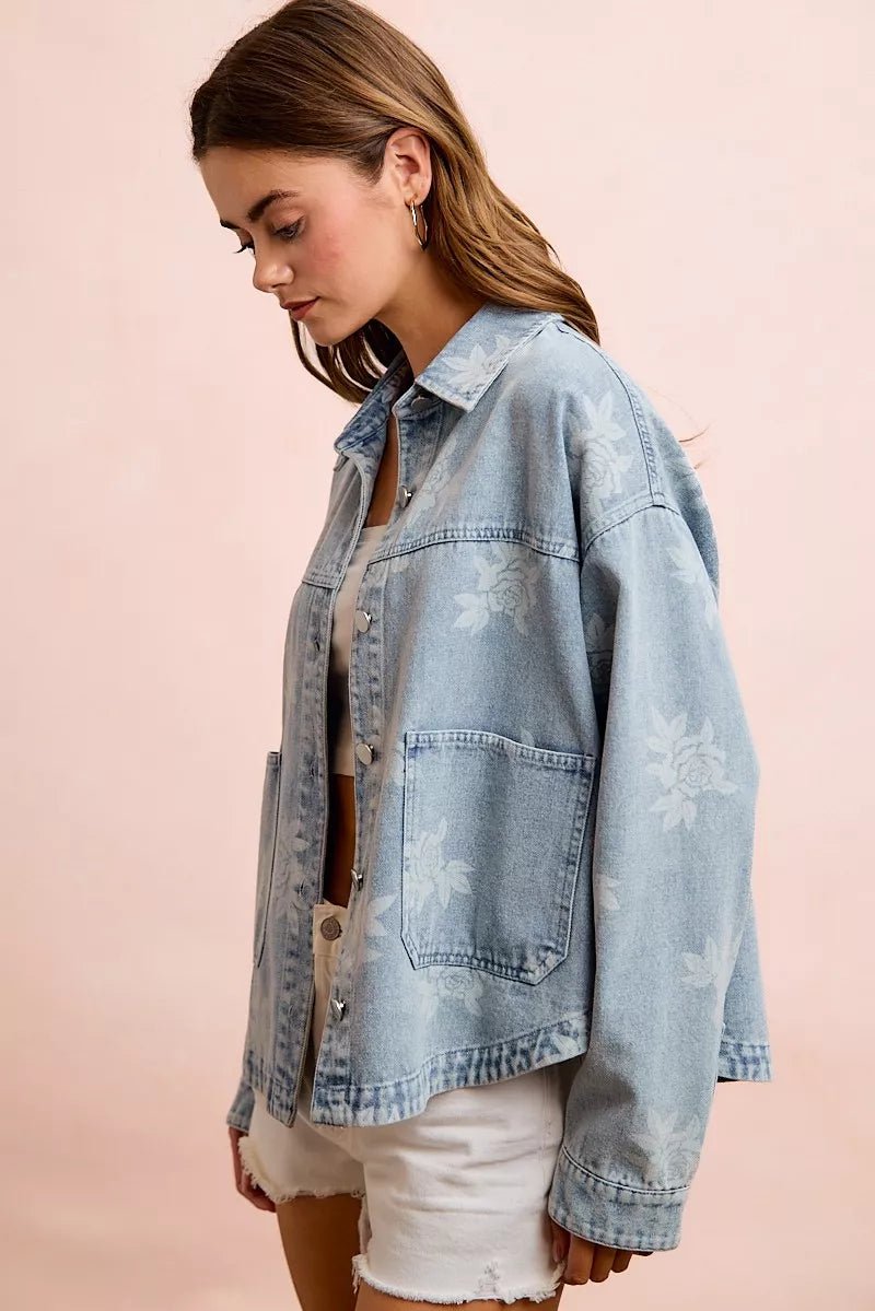 BiBi Printed Washed Denim Jacket With Pocket - Bitsy Gypsy Boutique