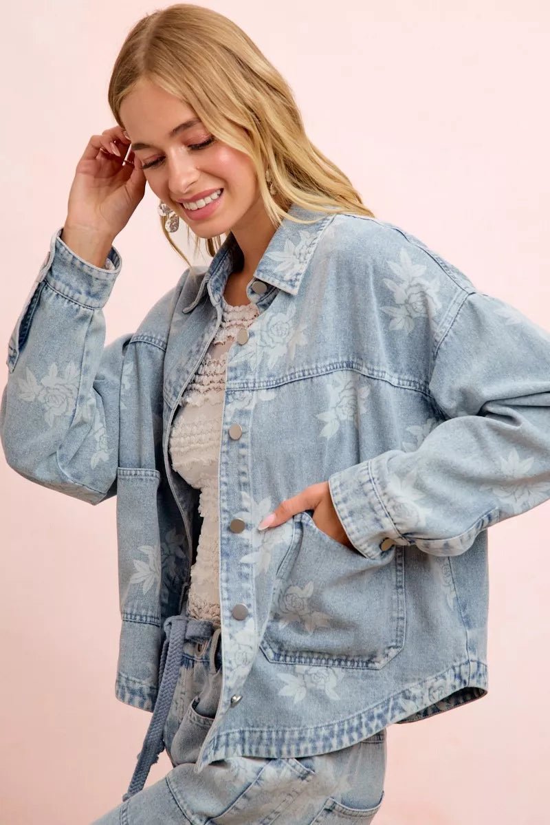 BiBi Printed Washed Denim Jacket With Pocket - Bitsy Gypsy Boutique