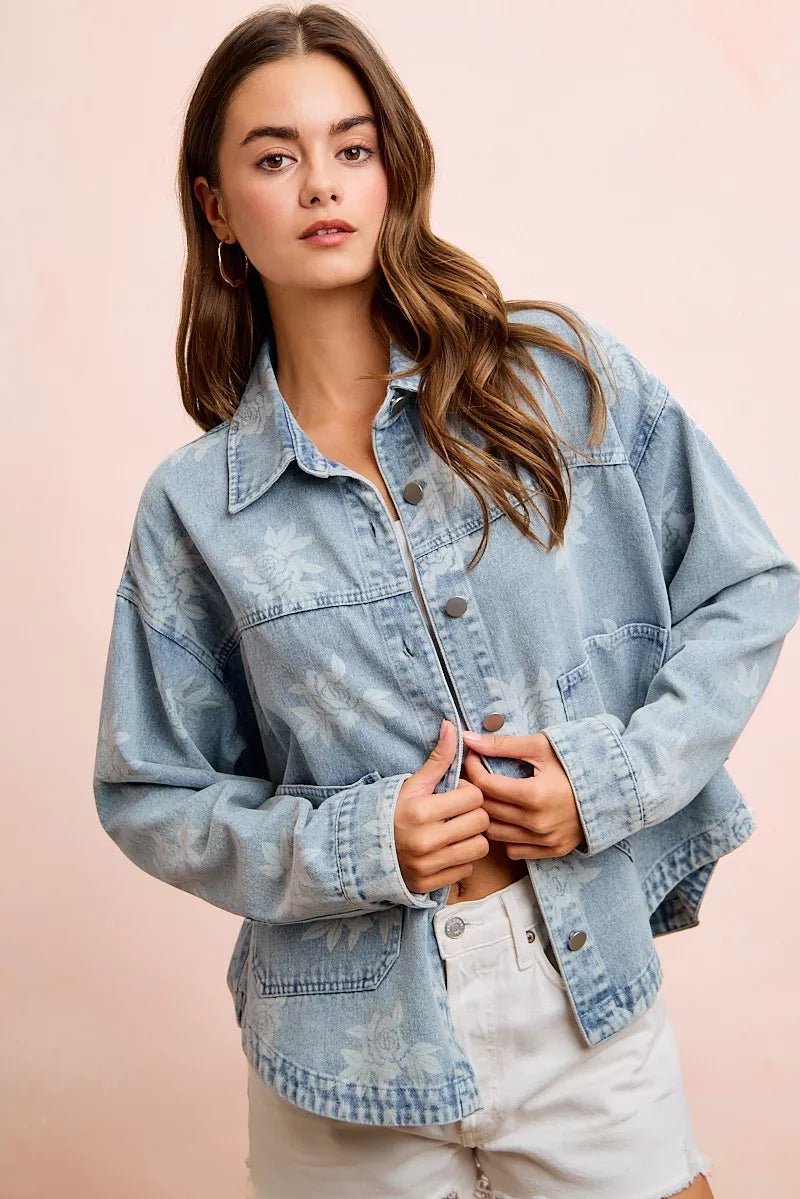 BiBi Printed Washed Denim Jacket With Pocket - Bitsy Gypsy Boutique