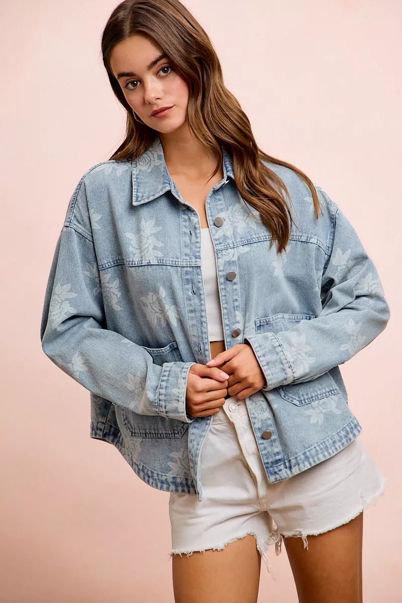 BiBi Printed Washed Denim Jacket With Pocket - Bitsy Gypsy Boutique
