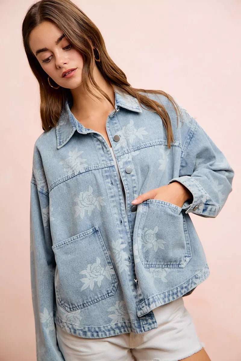 BiBi Printed Washed Denim Jacket With Pocket - Bitsy Gypsy Boutique
