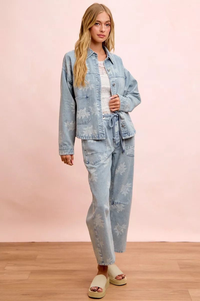 BiBi Printed Washed Denim Jacket With Pocket - Bitsy Gypsy Boutique