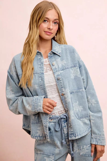 BiBi Printed Washed Denim Jacket With Pocket - Bitsy Gypsy Boutique