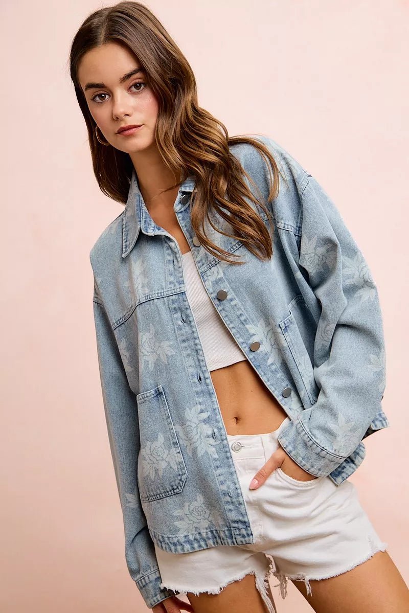 BiBi Printed Washed Denim Jacket With Pocket - Bitsy Gypsy Boutique