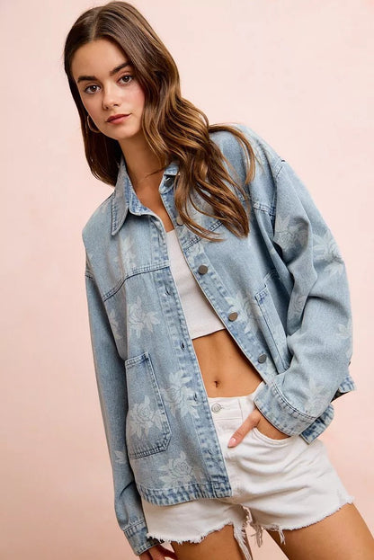 BiBi Printed Washed Denim Jacket With Pocket - Bitsy Gypsy Boutique