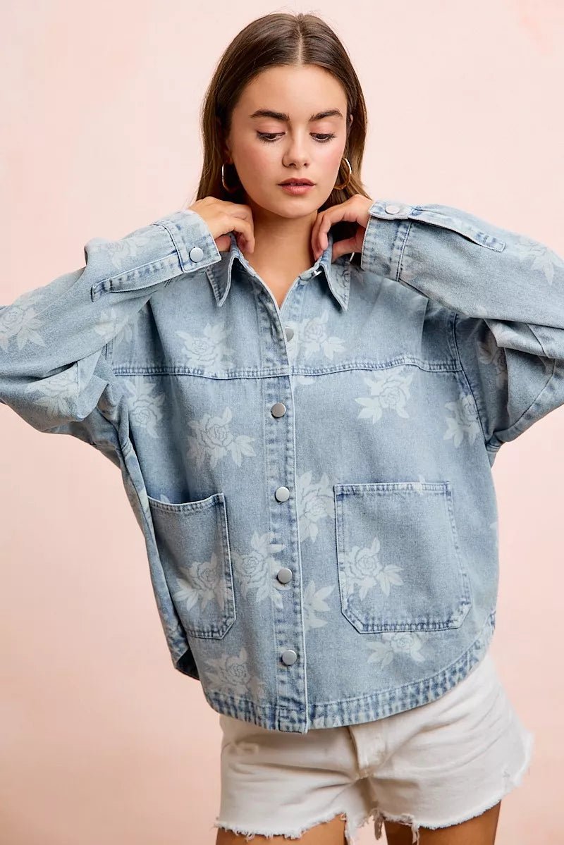 BiBi Printed Washed Denim Jacket With Pocket - Bitsy Gypsy Boutique