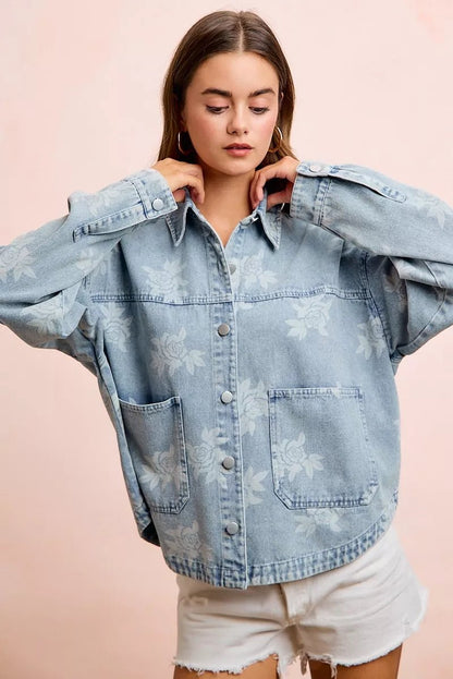 BiBi Printed Washed Denim Jacket With Pocket - Bitsy Gypsy Boutique