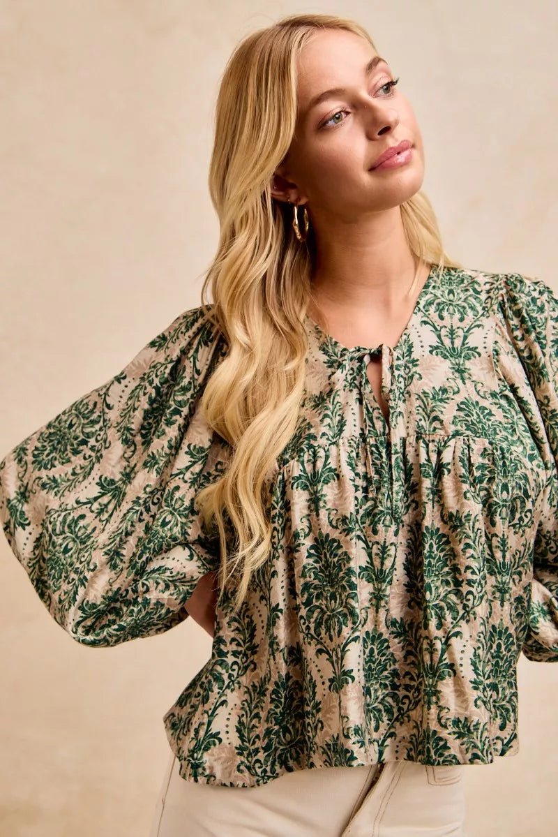 BiBi Printed Woven Front Tied Blouse with Baloon Sleeve - Bitsy Gypsy Boutique