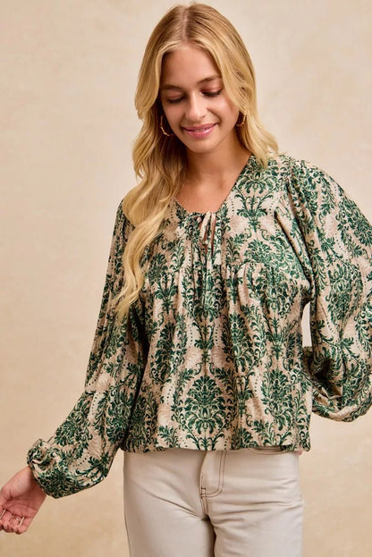 BiBi Printed Woven Front Tied Blouse with Baloon Sleeve - Bitsy Gypsy Boutique