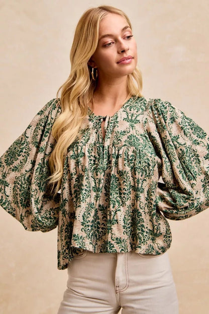 BiBi Printed Woven Front Tied Blouse with Baloon Sleeve - Bitsy Gypsy Boutique