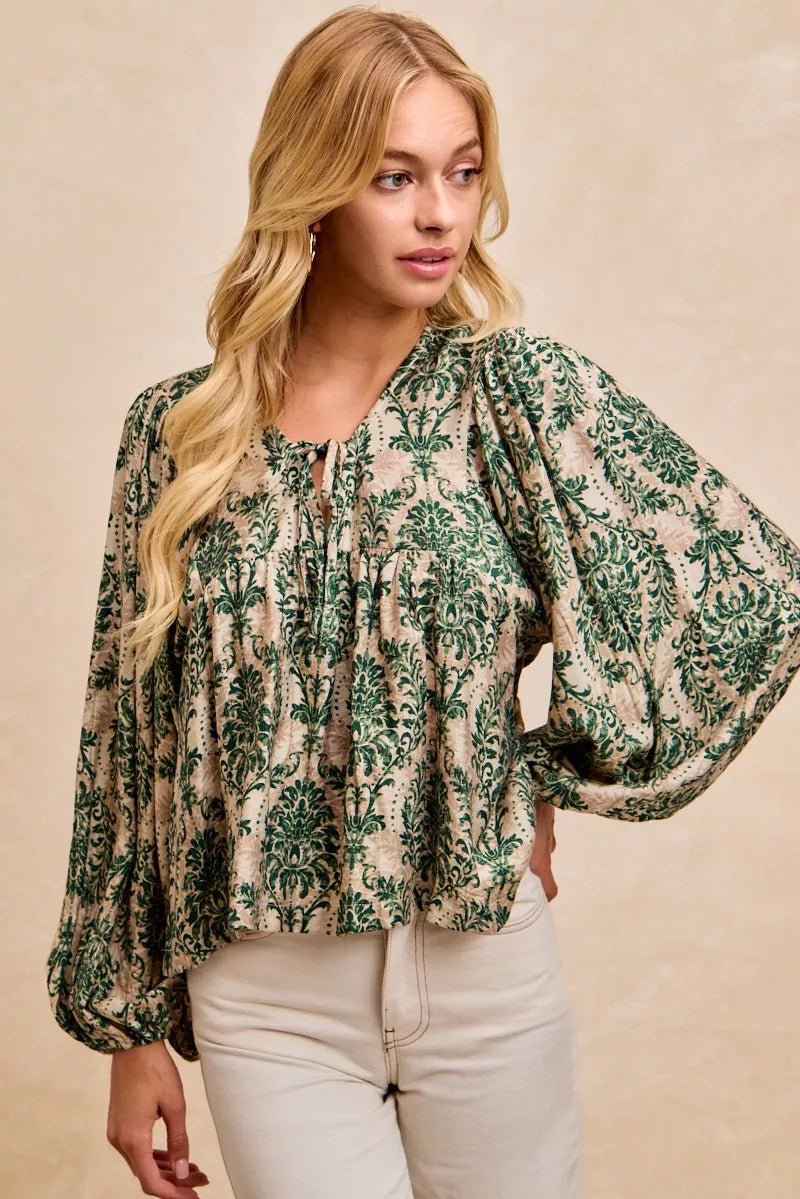 BiBi Printed Woven Front Tied Blouse with Baloon Sleeve - Bitsy Gypsy Boutique