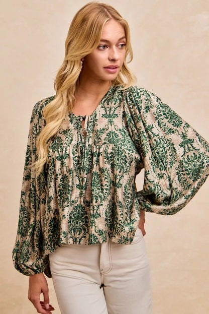 BiBi Printed Woven Front Tied Blouse with Baloon Sleeve - Bitsy Gypsy Boutique