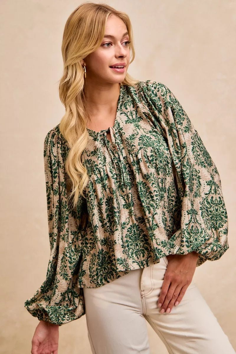 BiBi Printed Woven Front Tied Blouse with Baloon Sleeve - Bitsy Gypsy Boutique