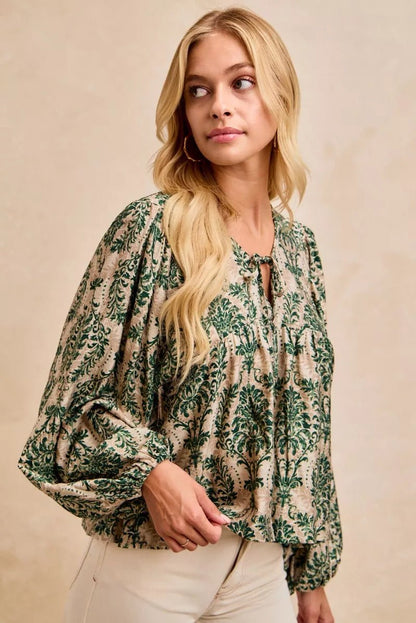 BiBi Printed Woven Front Tied Blouse with Baloon Sleeve - Bitsy Gypsy Boutique