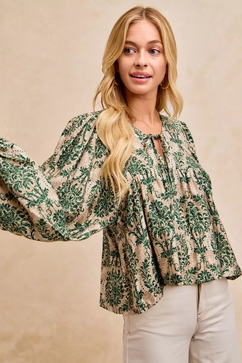 BiBi Printed Woven Front Tied Blouse with Baloon Sleeve - Bitsy Gypsy Boutique
