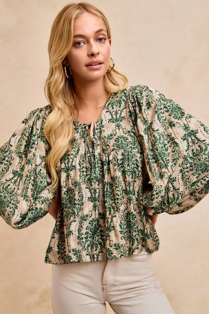 BiBi Printed Woven Front Tied Blouse with Baloon Sleeve - Bitsy Gypsy Boutique