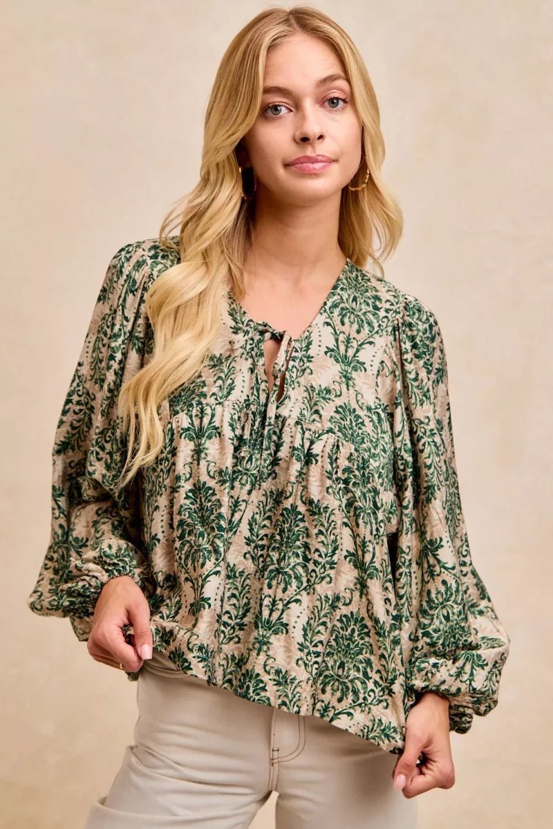 BiBi Printed Woven Front Tied Blouse with Baloon Sleeve - Bitsy Gypsy Boutique