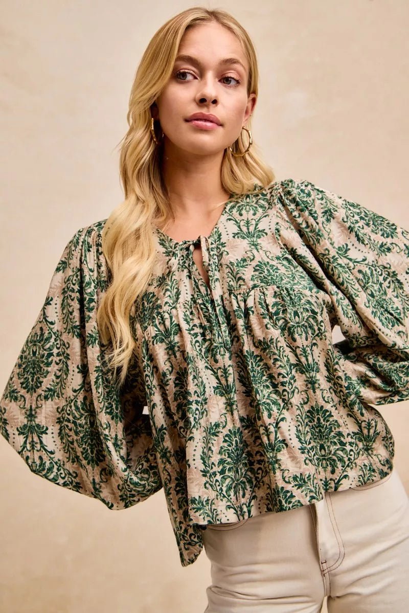 BiBi Printed Woven Front Tied Blouse with Baloon Sleeve - Bitsy Gypsy Boutique