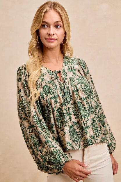 BiBi Printed Woven Front Tied Blouse with Baloon Sleeve - Bitsy Gypsy Boutique
