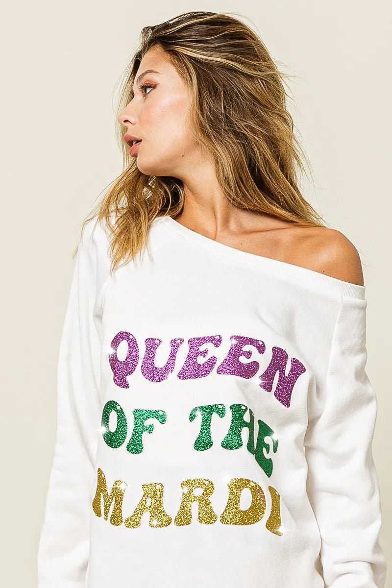 BiBi Queen Of Mardi Glitter Print Mardi Gras Sweatshirt - Bitsy Gypsy Boutique